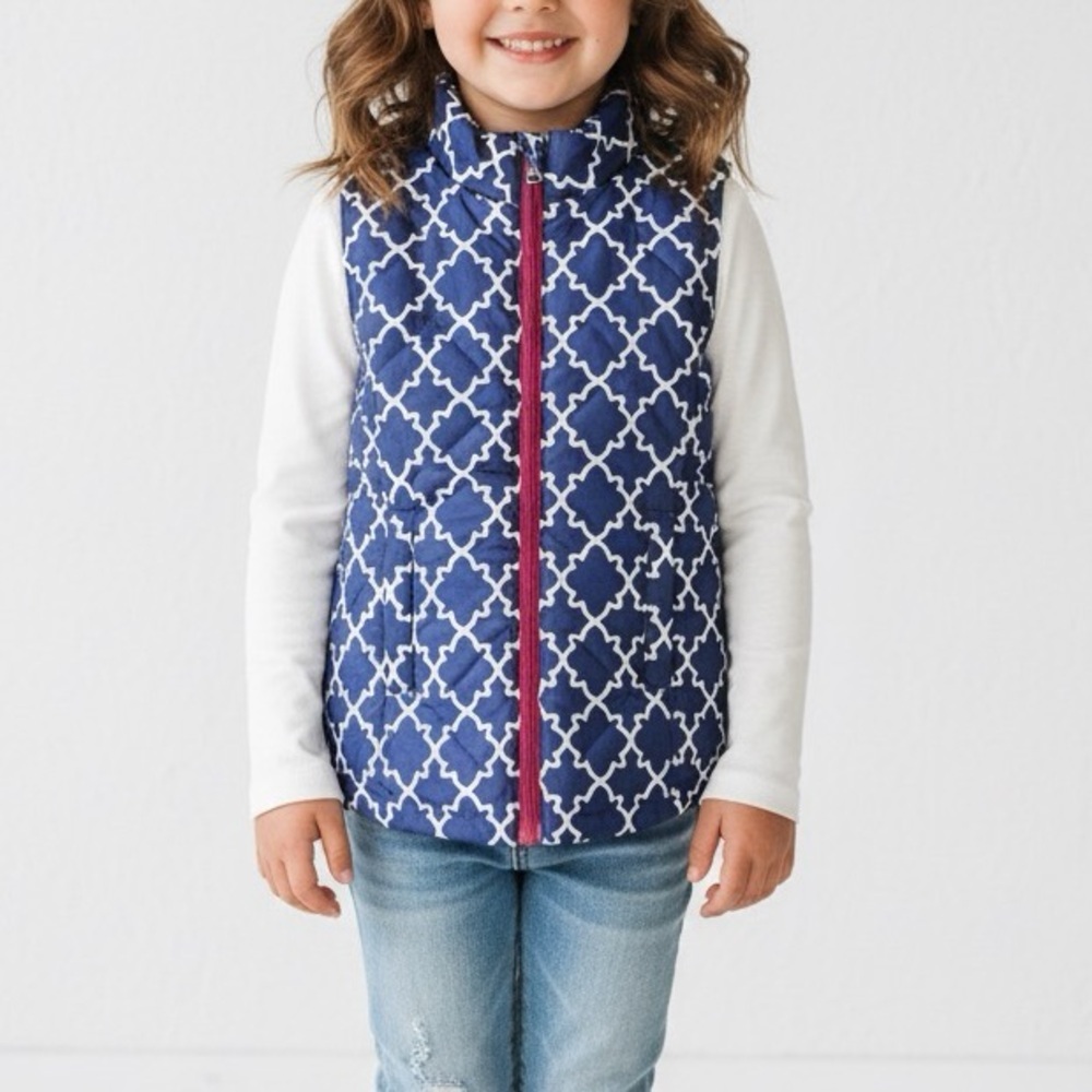 J Khaki Girls Medium Quilted Puffer Vest Navy Blue White Quatrefoil Pink Zip